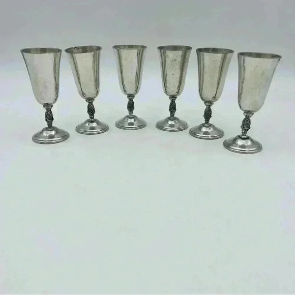 Revere Pewter 6 Cordial Pineapple Stem Footed Glasses with tray - Picture 8 of 14